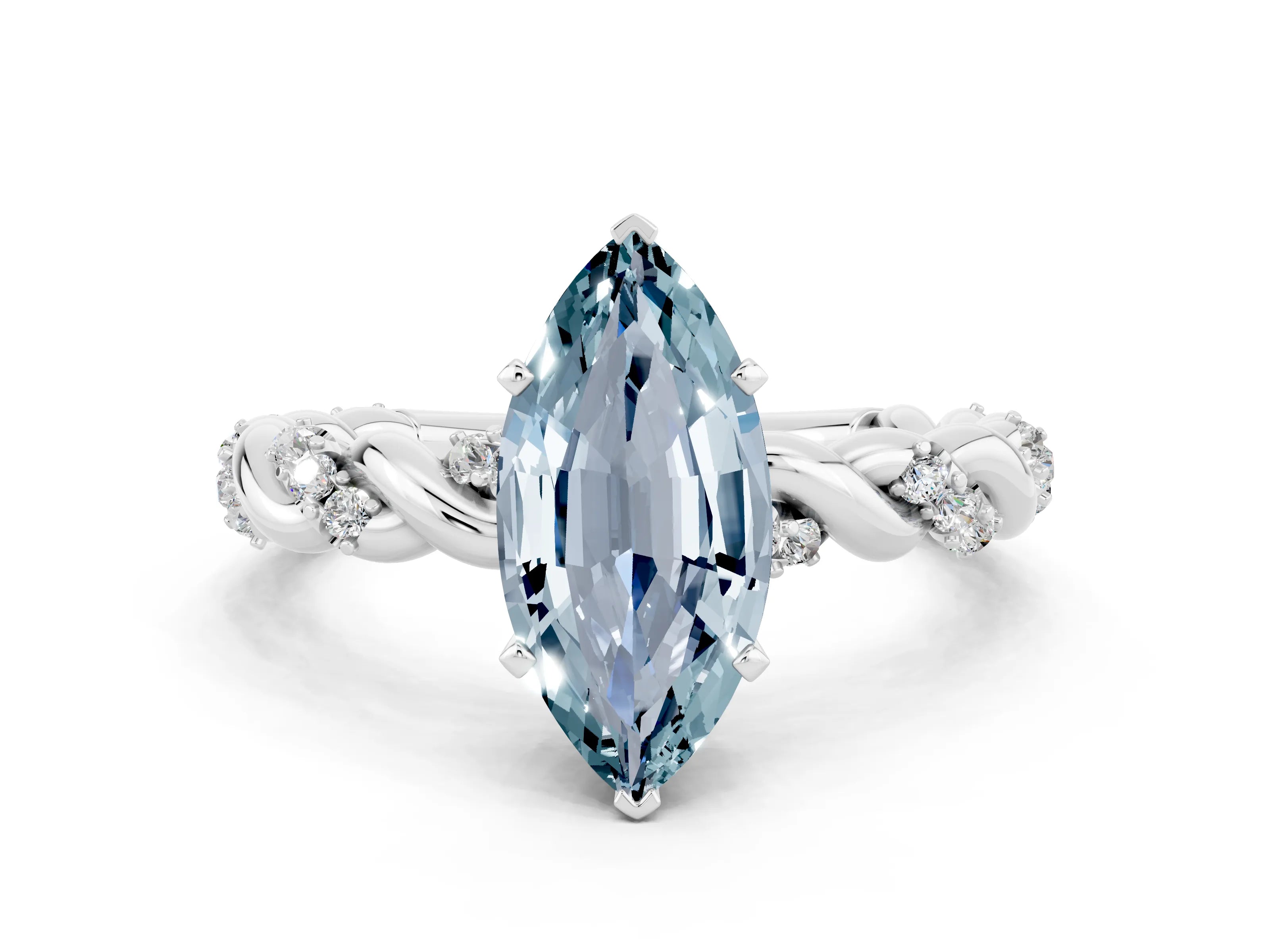 White gold Marquise Cut Aquamarine Solitaire Ring with Twisted Band and Pavé Accents