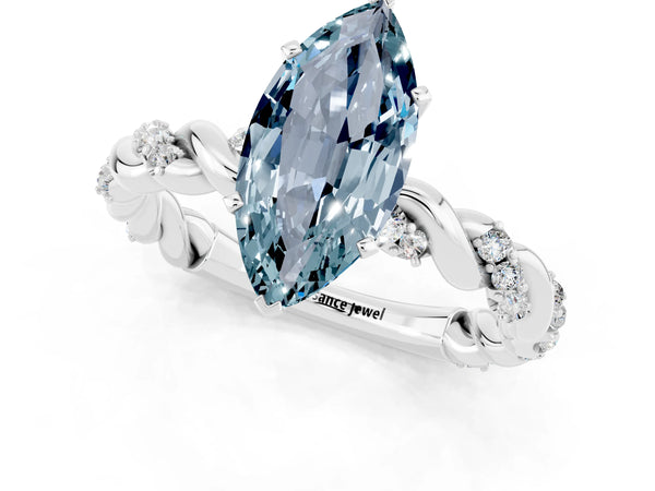 Silver Marquise Cut Aquamarine Solitaire Ring with Twisted Band and Pavé Accents