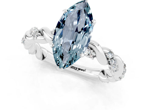White gold Marquise Cut Aquamarine Solitaire Ring with Twisted Band and Pavé Accents_1