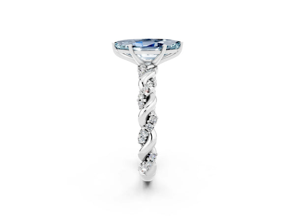 Silver Marquise Cut Aquamarine Solitaire Ring with Twisted Band and Pavé Accents