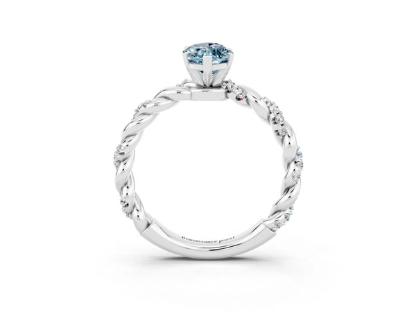 White gold Marquise Cut Aquamarine Solitaire Ring with Twisted Band and Pavé Accents