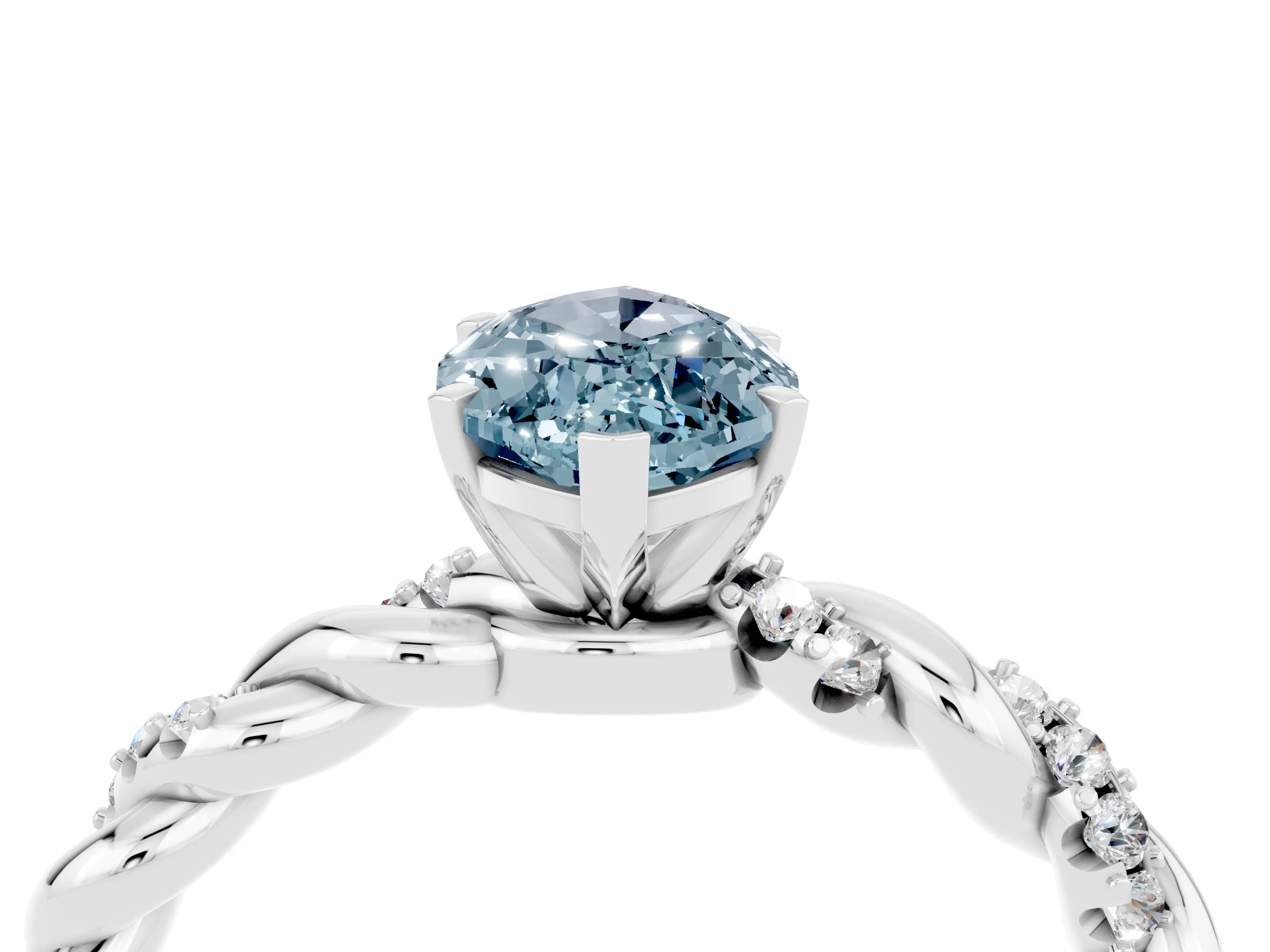 White gold Marquise Cut Aquamarine Solitaire Ring with Twisted Band and Pavé Accents_4