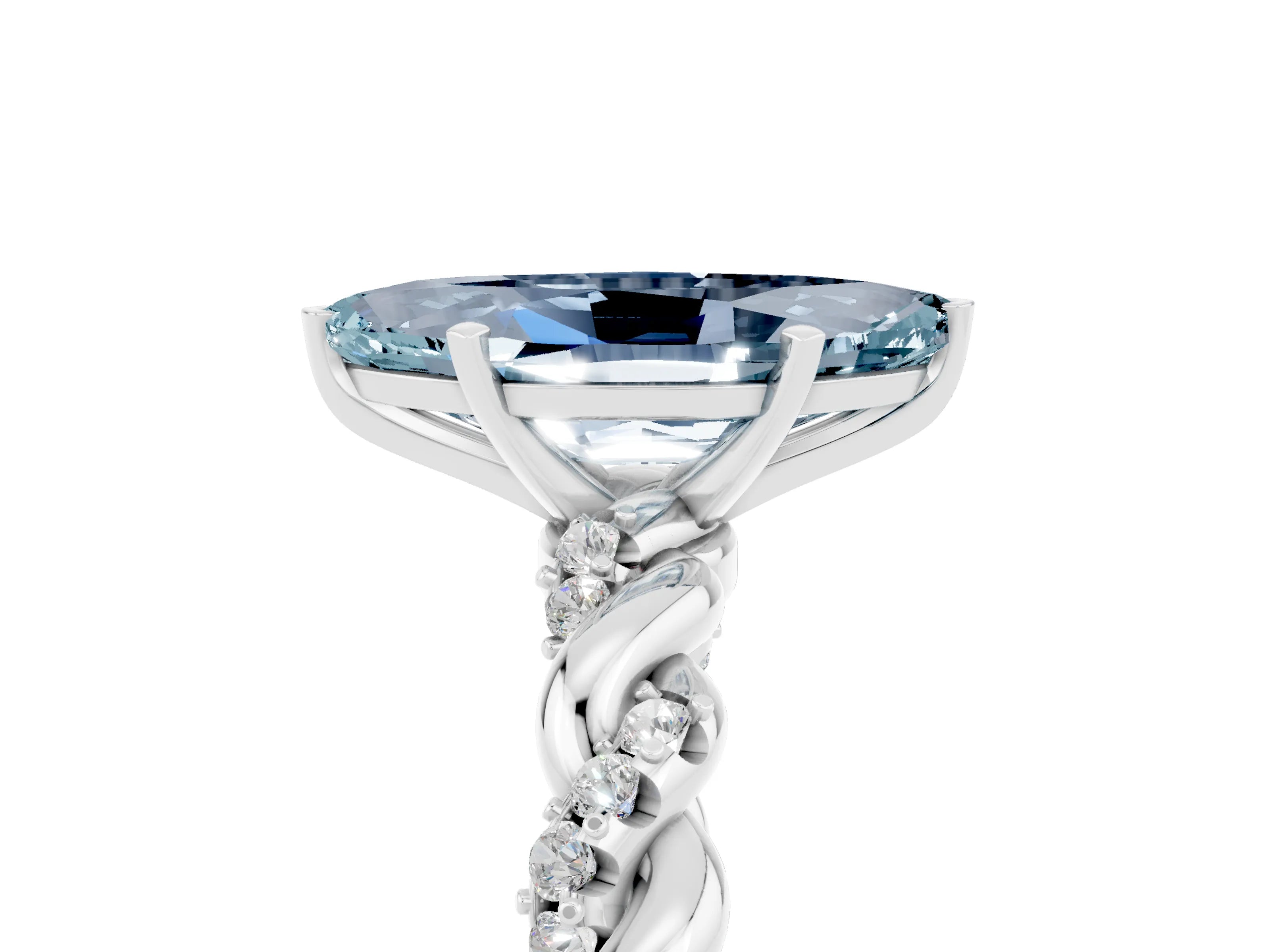 White gold Marquise Cut Aquamarine Solitaire Ring with Twisted Band and Pavé Accents_5