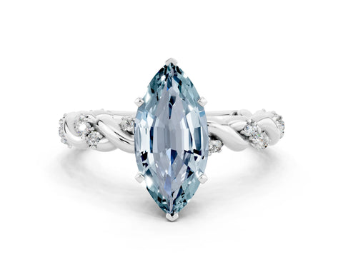 White gold Marquise Cut Aquamarine Solitaire Ring with Twisted Band and Pavé Accents