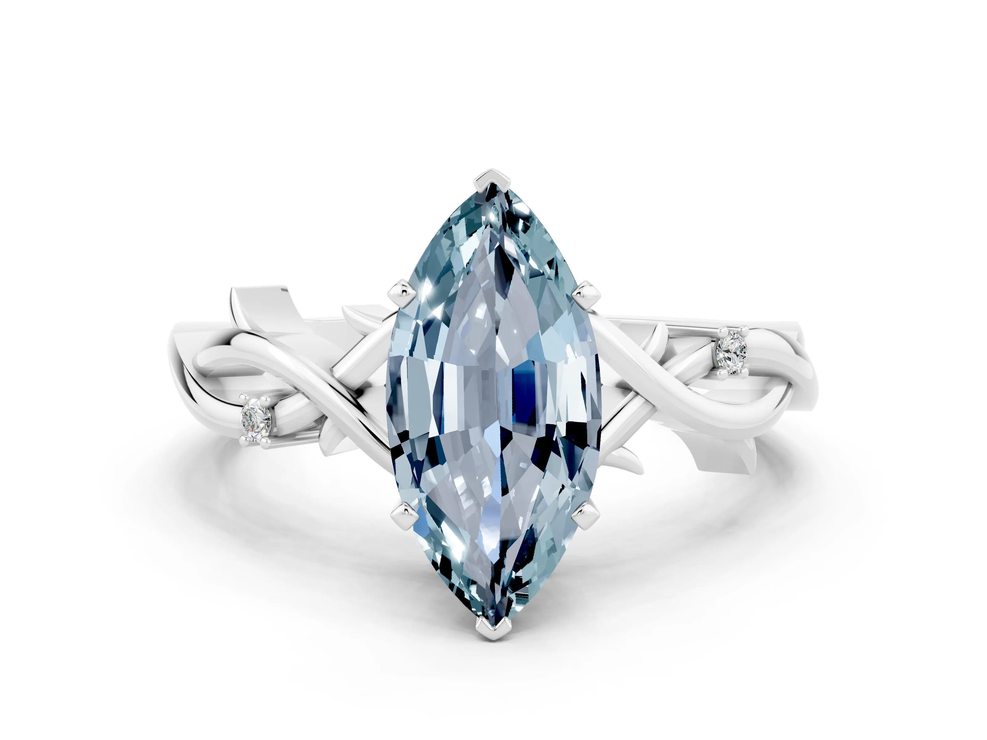 White gold Marquise Cut Aquamarine Solitaire Ring with Twisted Band and Prong Setting_12