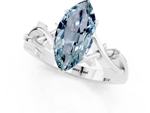 White gold Marquise Cut Aquamarine Solitaire Ring with Twisted Band and Prong Setting