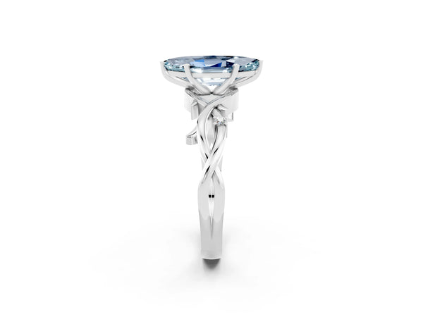 Silver Marquise Cut Aquamarine Solitaire Ring with Twisted Band and Prong Setting