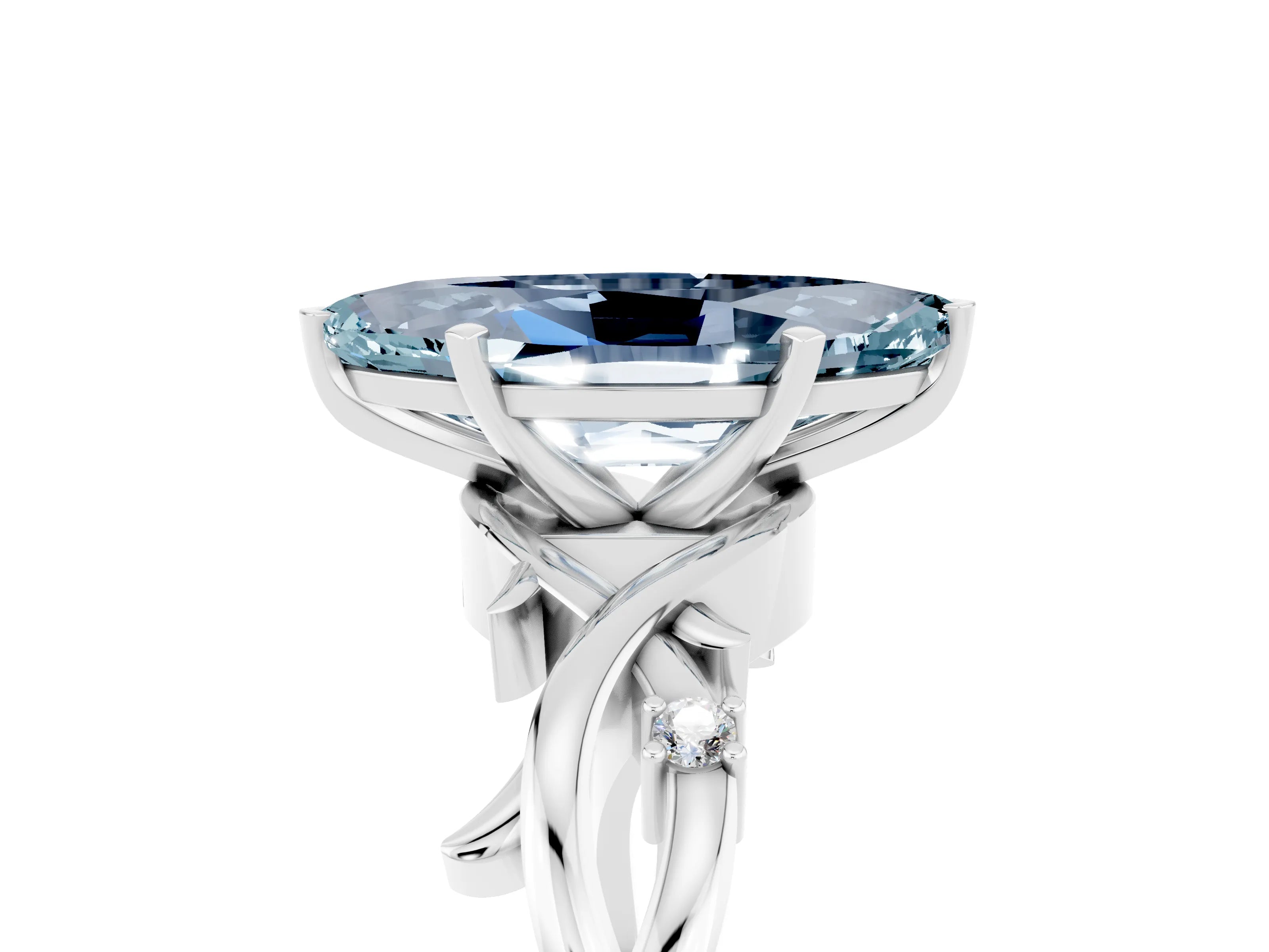 White gold Marquise Cut Aquamarine Solitaire Ring with Twisted Band and Prong Setting_5