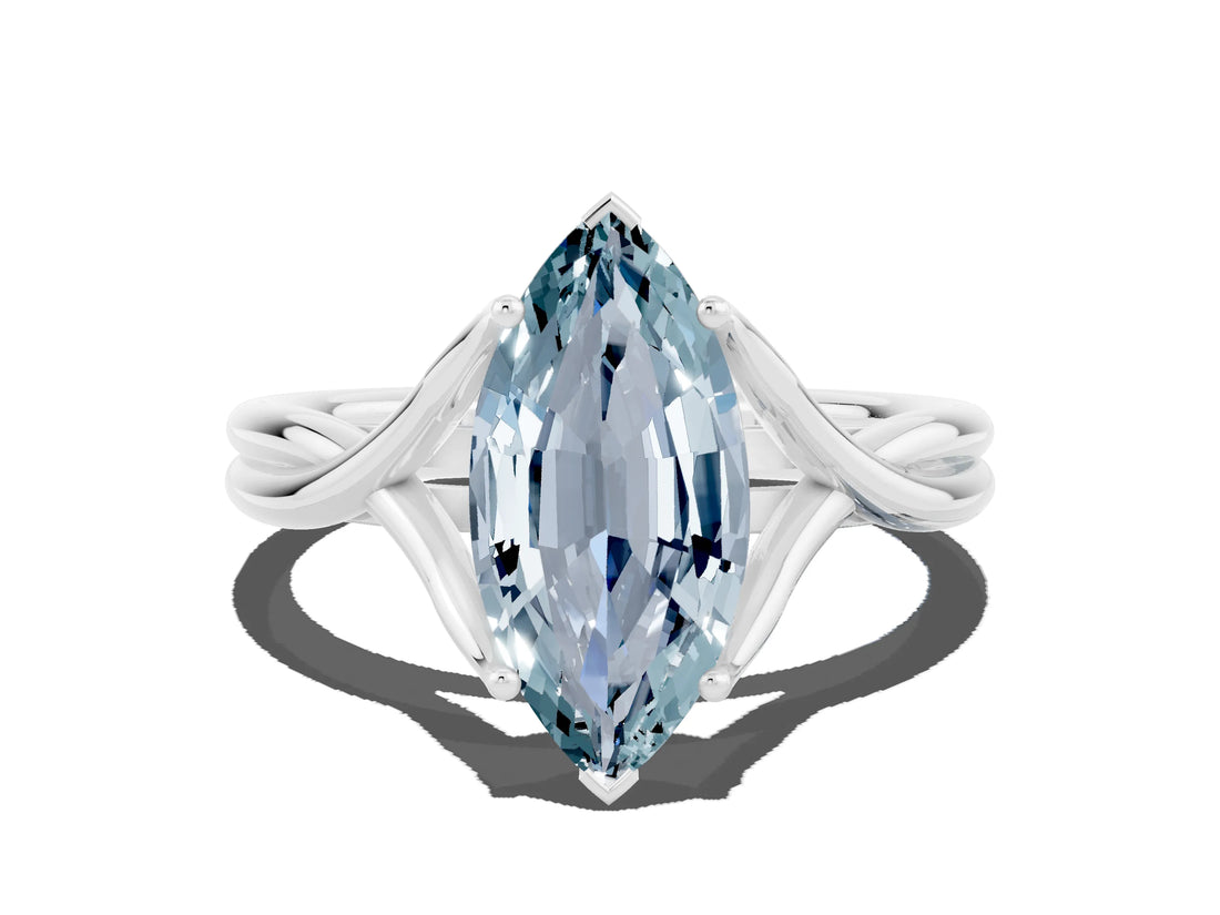 White gold Marquise Cut Aquamarine Solitaire Twist Band Prong Setting Ring_36