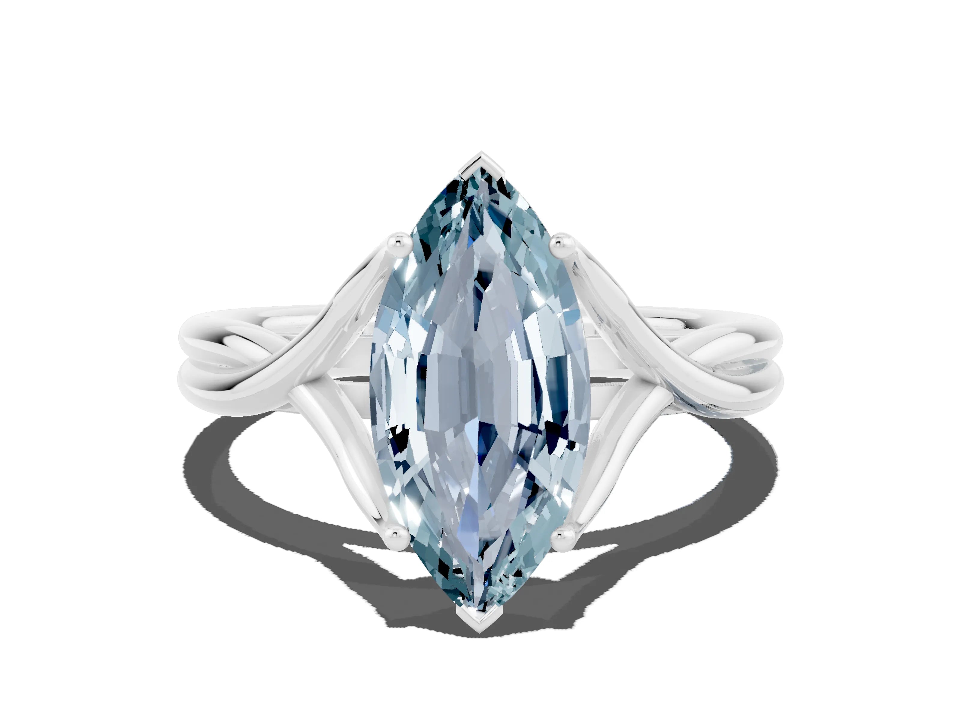 White gold Marquise Cut Aquamarine Solitaire Twist Band Prong Setting Ring_36
