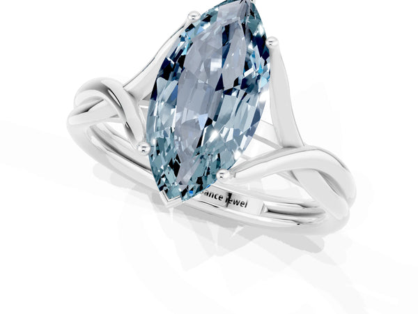 Platinum Marquise Cut Aquamarine Solitaire Twist Band Prong Setting Ring