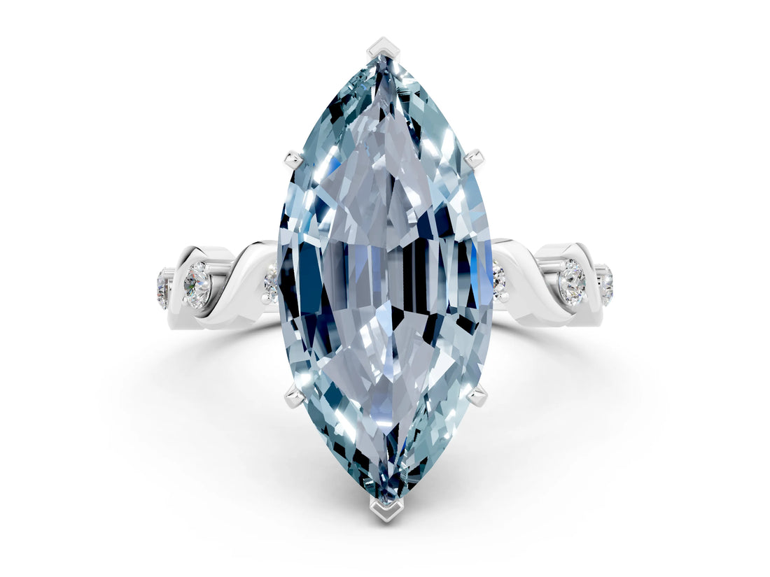 White gold Marquise Cut Aquamarine Solitaire Twisted Band with Round  Accents and Prong Setting_12