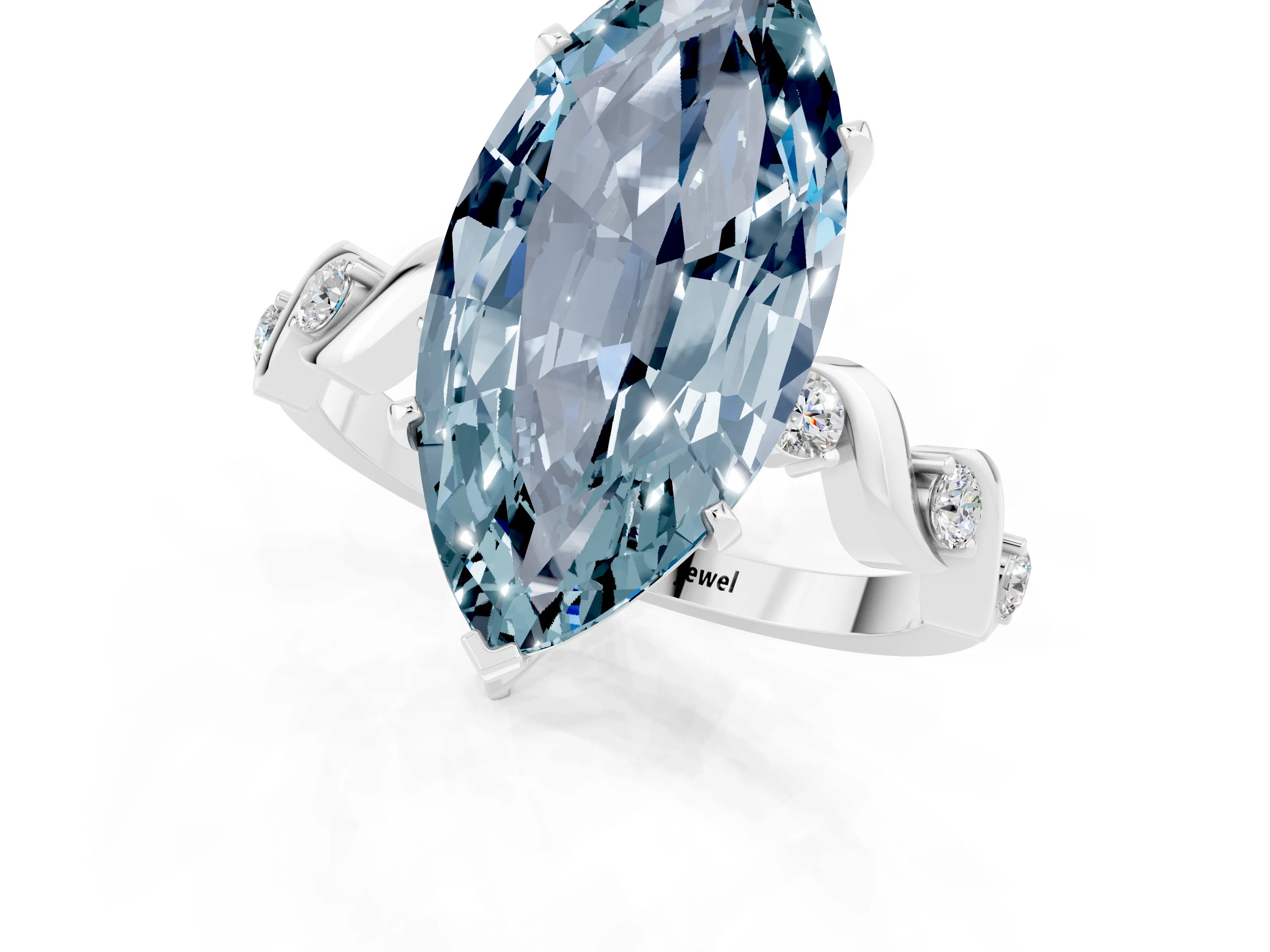 White gold Marquise Cut Aquamarine Solitaire Twisted Band with Round  Accents and Prong Setting_13