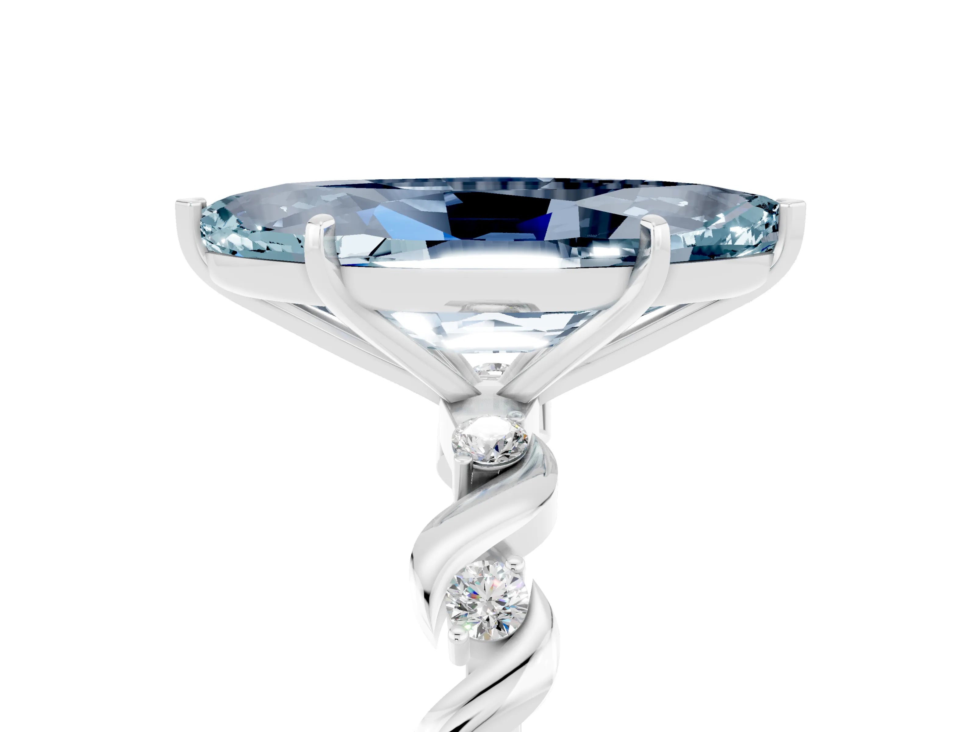 White gold Marquise Cut Aquamarine Solitaire Twisted Band with Round  Accents and Prong Setting_17