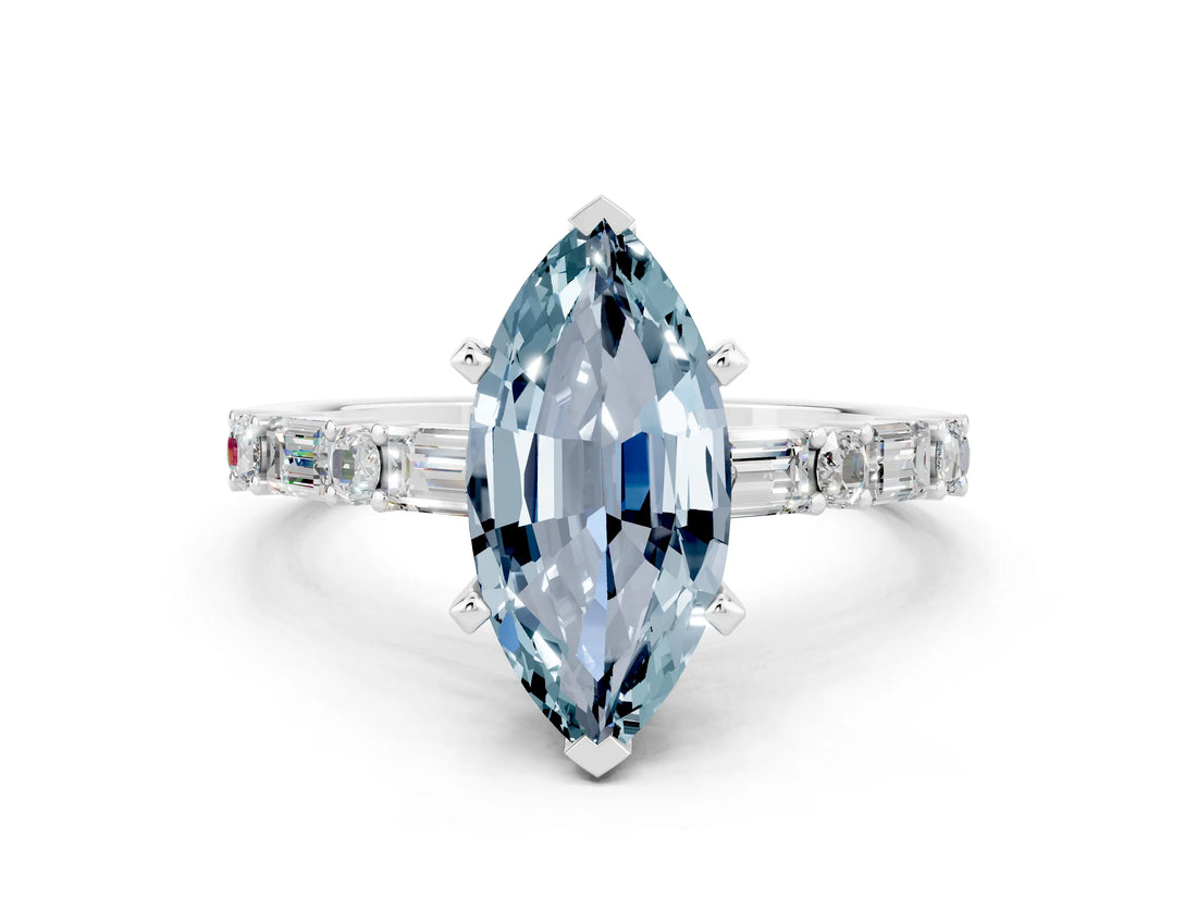 White gold Marquise Cut Aquamarine Solitaire with Side Baguettes and Channel Set Band