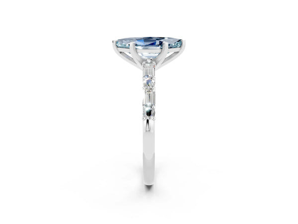 Platinum Marquise Cut Aquamarine Solitaire with Side Baguettes and Channel Set Band