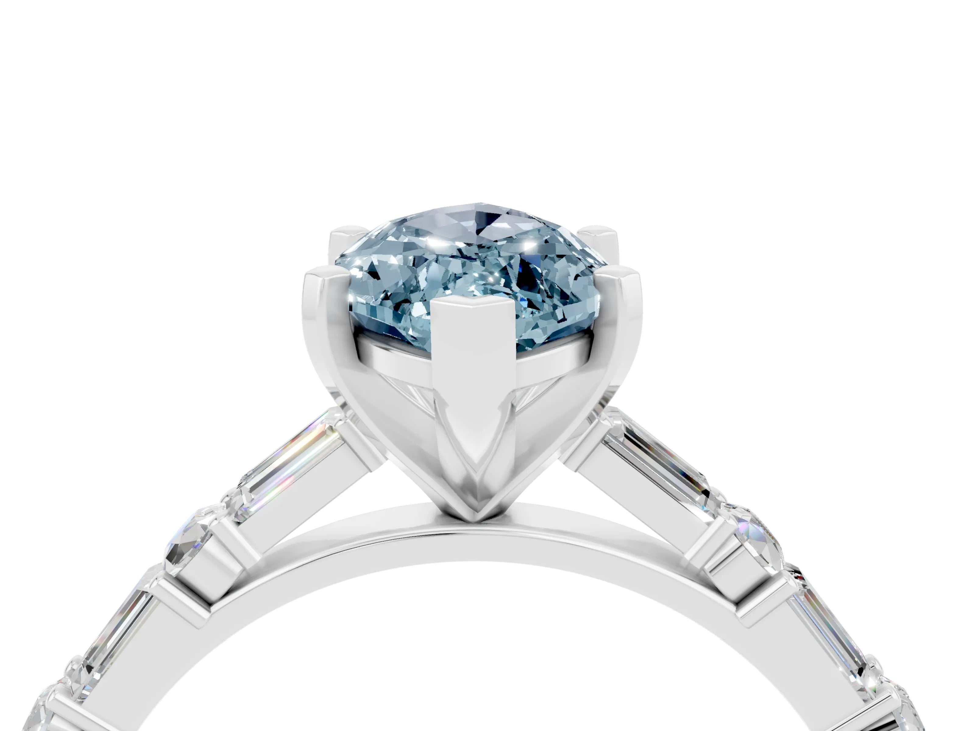 White gold Marquise Cut Aquamarine Solitaire with Side Baguettes and Channel Set Band_4