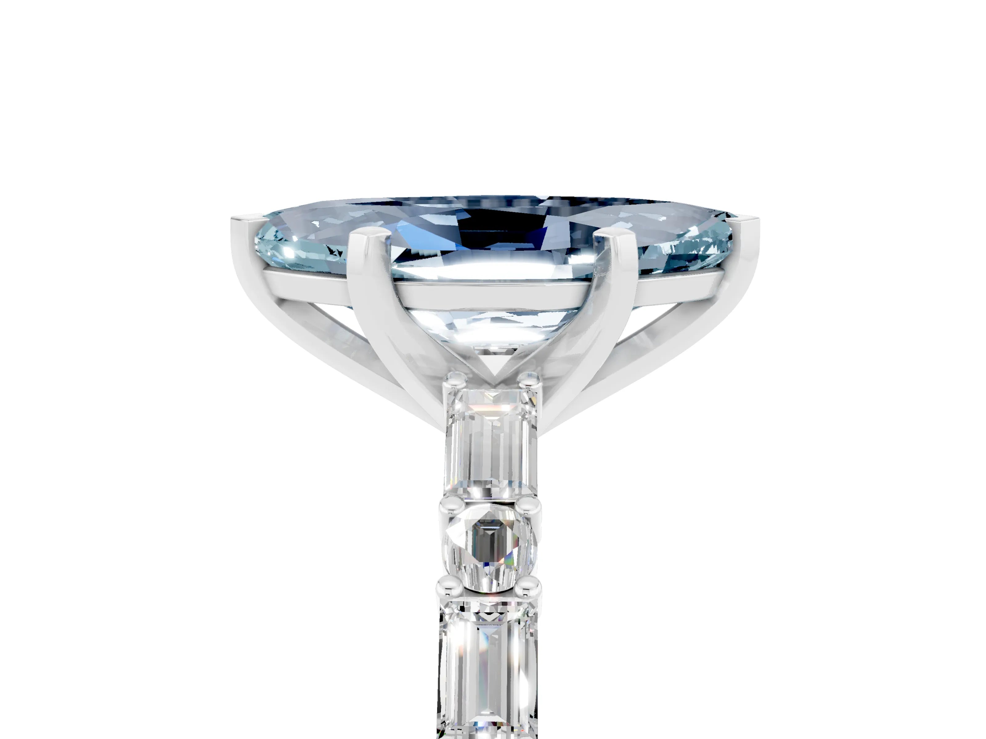 White gold Marquise Cut Aquamarine Solitaire with Side Baguettes and Channel Set Band_5