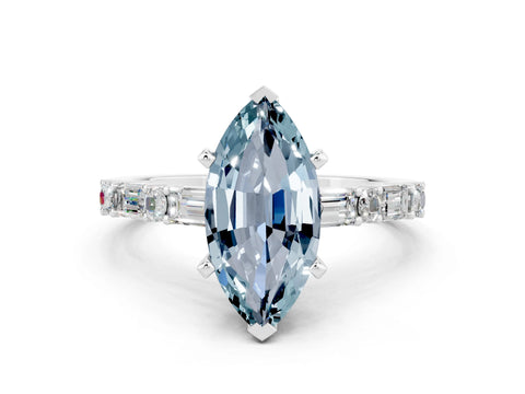 White gold Marquise Cut Aquamarine Solitaire with Side Baguettes and Channel Set Band