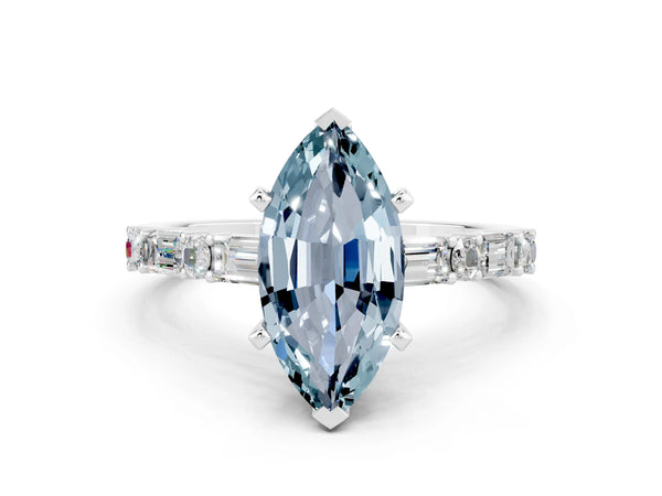 White gold Marquise Cut Aquamarine Solitaire with Side Baguettes and Channel Set Band