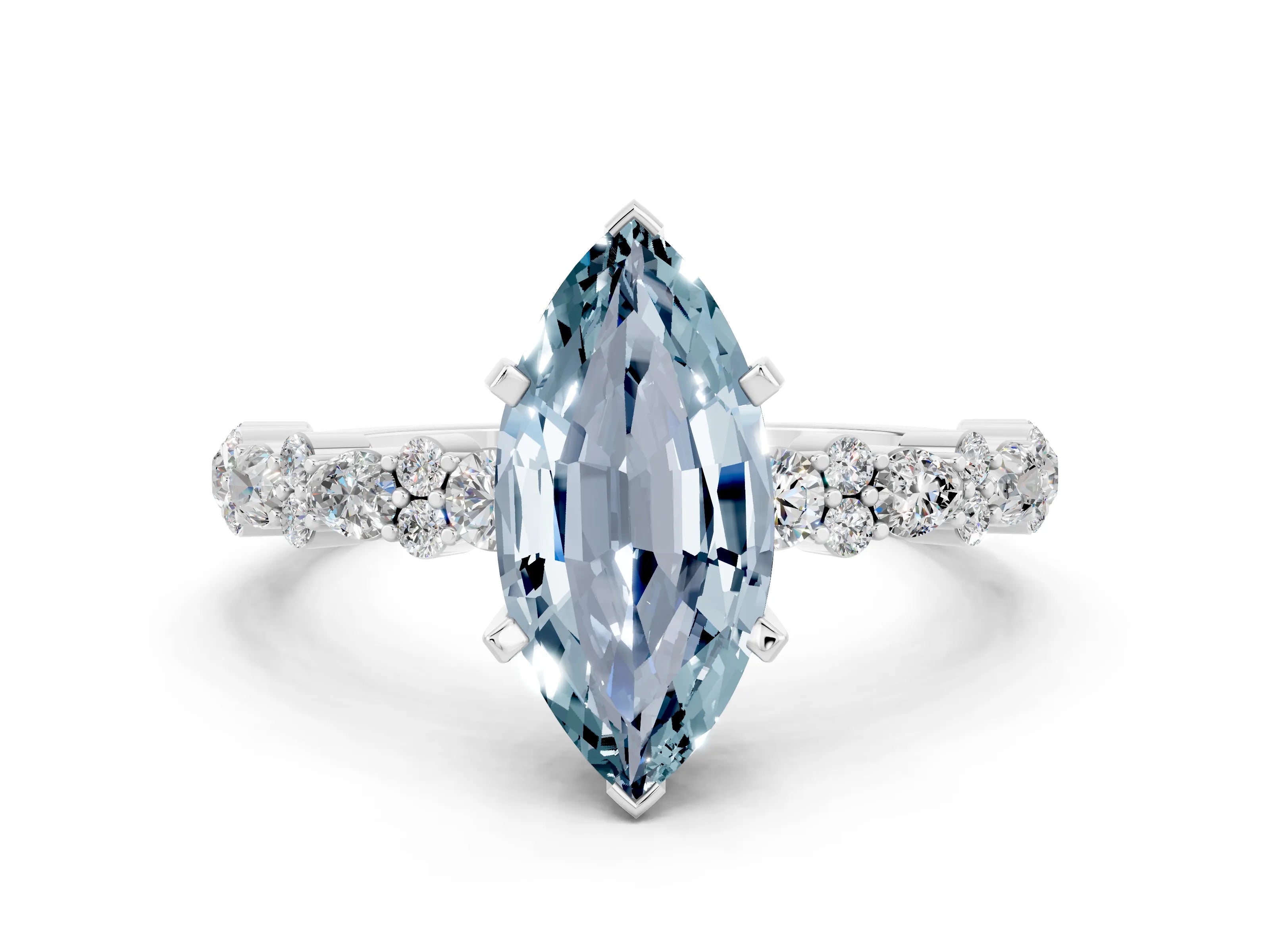 White gold Marquise Cut Aquamarine Solitaire with Side Stones, Pave Band, Four-Prong Setting_36