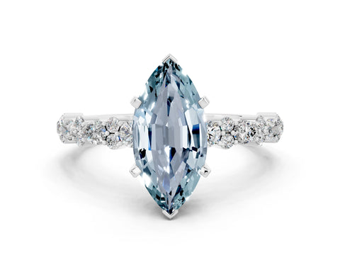 White gold Marquise Cut Aquamarine Solitaire with Side Stones, Pave Band, Four-Prong Setting_36