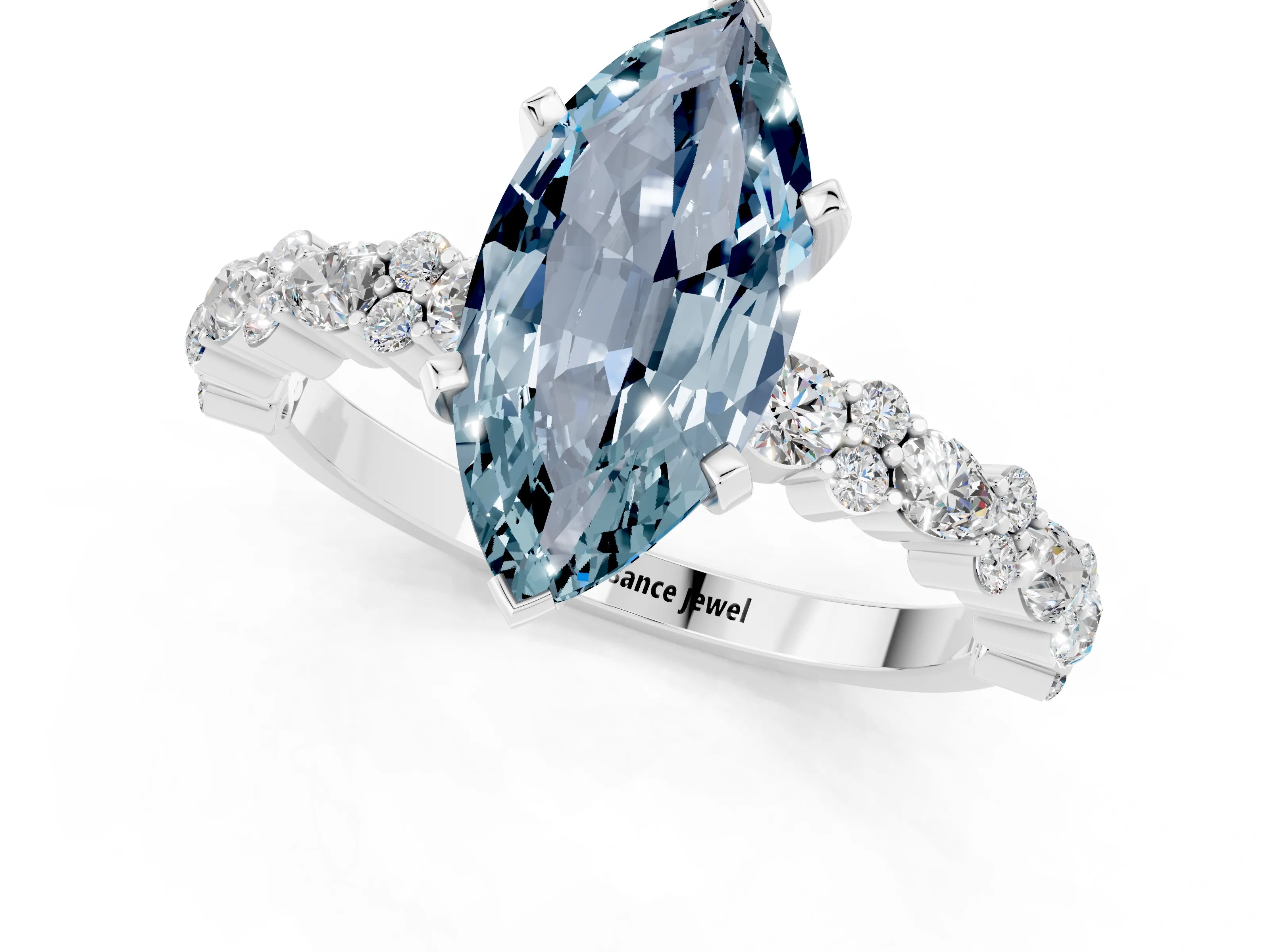 White gold Marquise Cut Aquamarine Solitaire with Side Stones, Pave Band, Four-Prong Setting_37