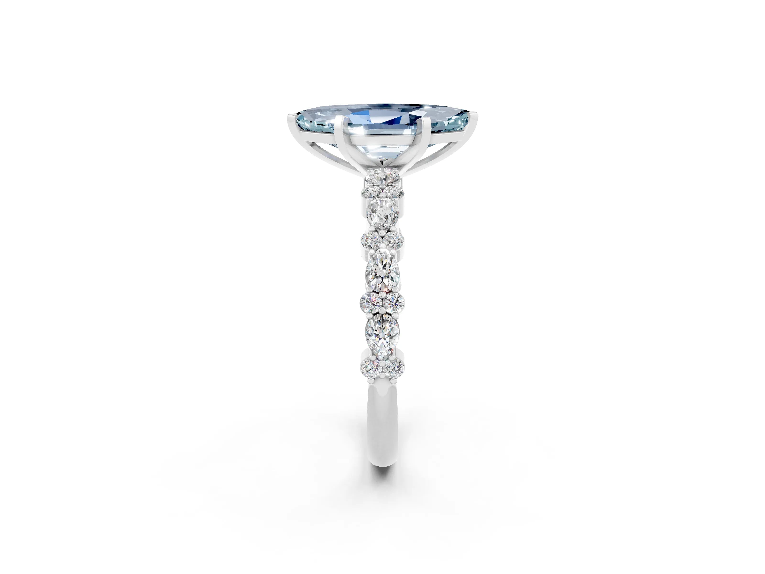 White gold Marquise Cut Aquamarine Solitaire with Side Stones, Pave Band, Four-Prong Setting_38