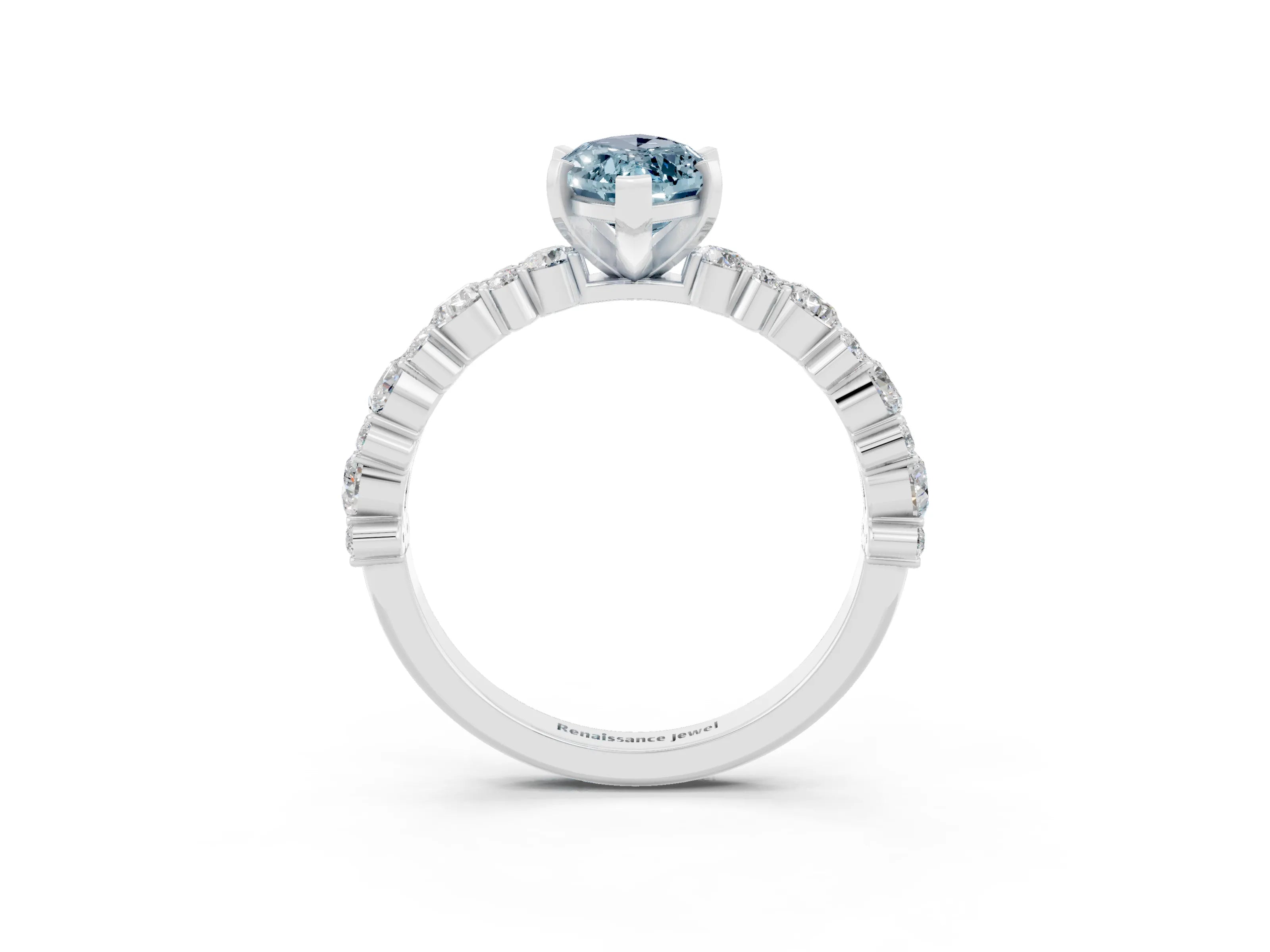 White gold Marquise Cut Aquamarine Solitaire with Side Stones, Pave Band, Four-Prong Setting_39