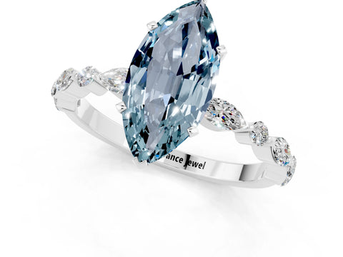 White gold Marquise Cut Aquamarine Solitaire with Side Stones on a Pavé Band and Four-Prong Setting_1