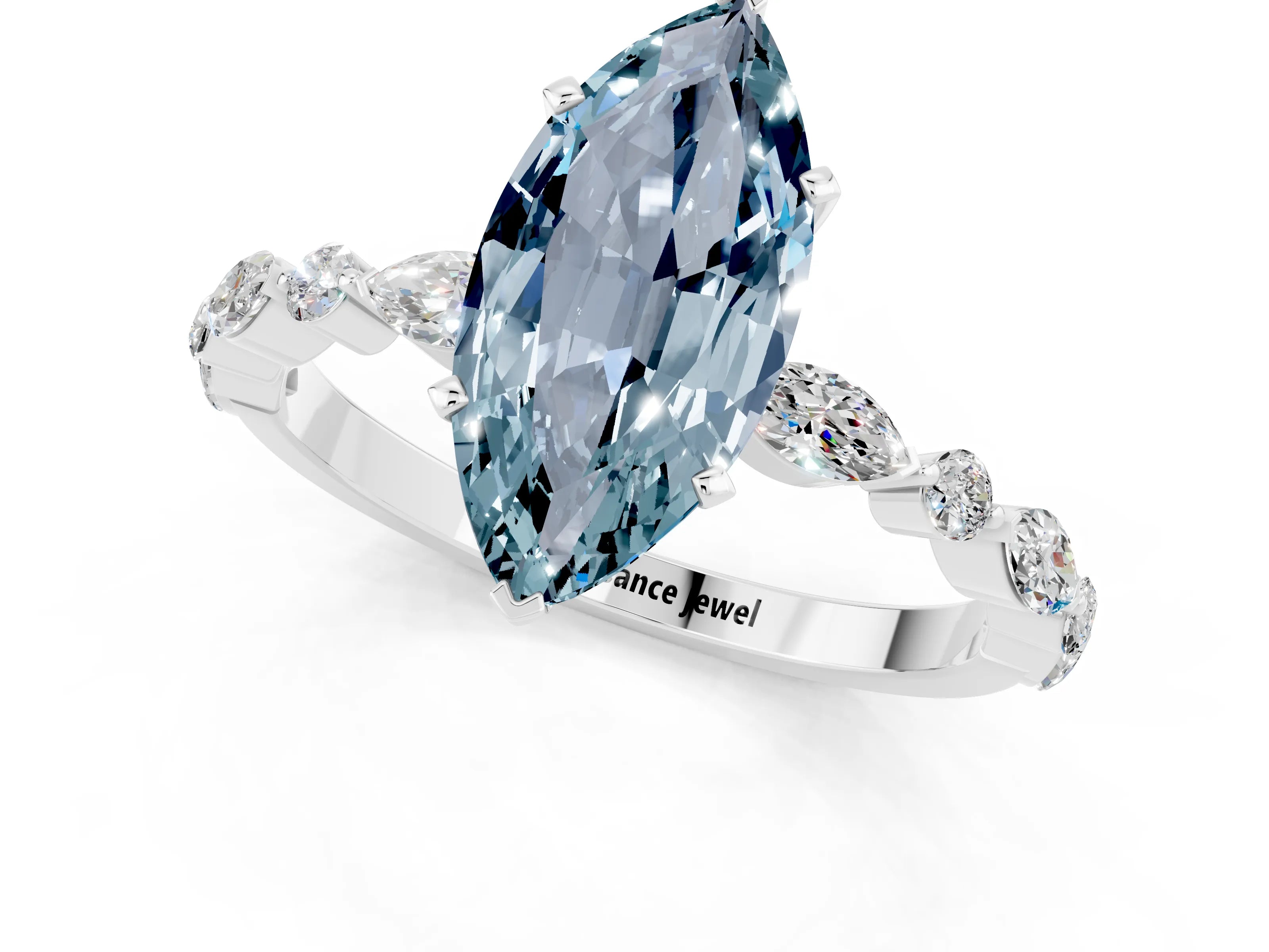 White gold Marquise Cut Aquamarine Solitaire with Side Stones on a Pavé Band and Four-Prong Setting_1