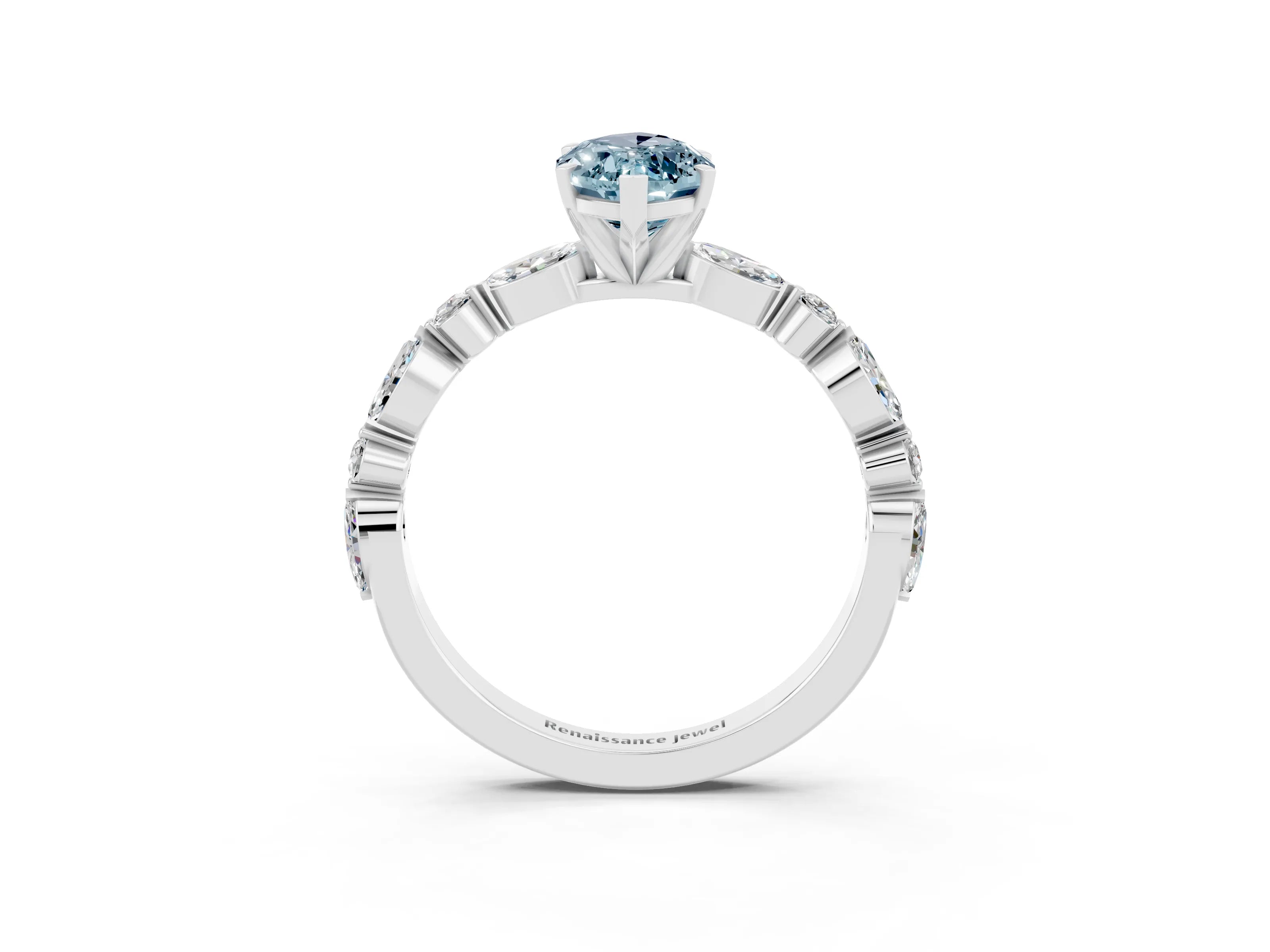 White gold Marquise Cut Aquamarine Solitaire with Side Stones on a Pavé Band and Four-Prong Setting_3