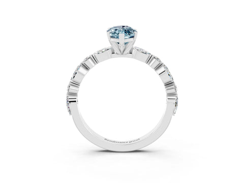 White gold Marquise Cut Aquamarine Solitaire with Side Stones on a Pavé Band and Four-Prong Setting_3