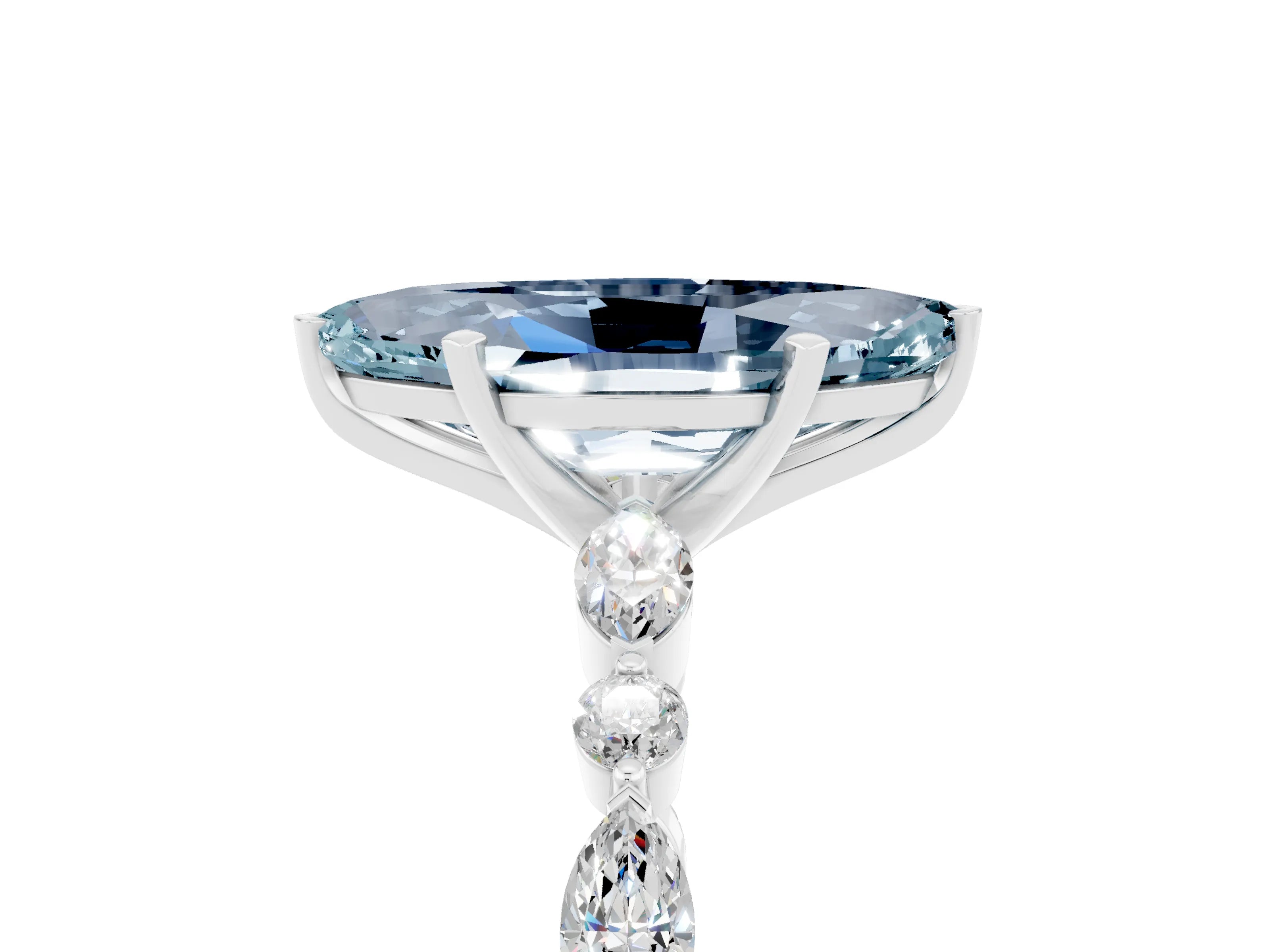 White gold Marquise Cut Aquamarine Solitaire with Side Stones on a Pavé Band and Four-Prong Setting_5