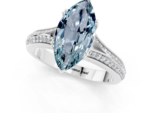 White gold Marquise Cut Aquamarine Split Shank Engagement Ring with Pavé Band_1