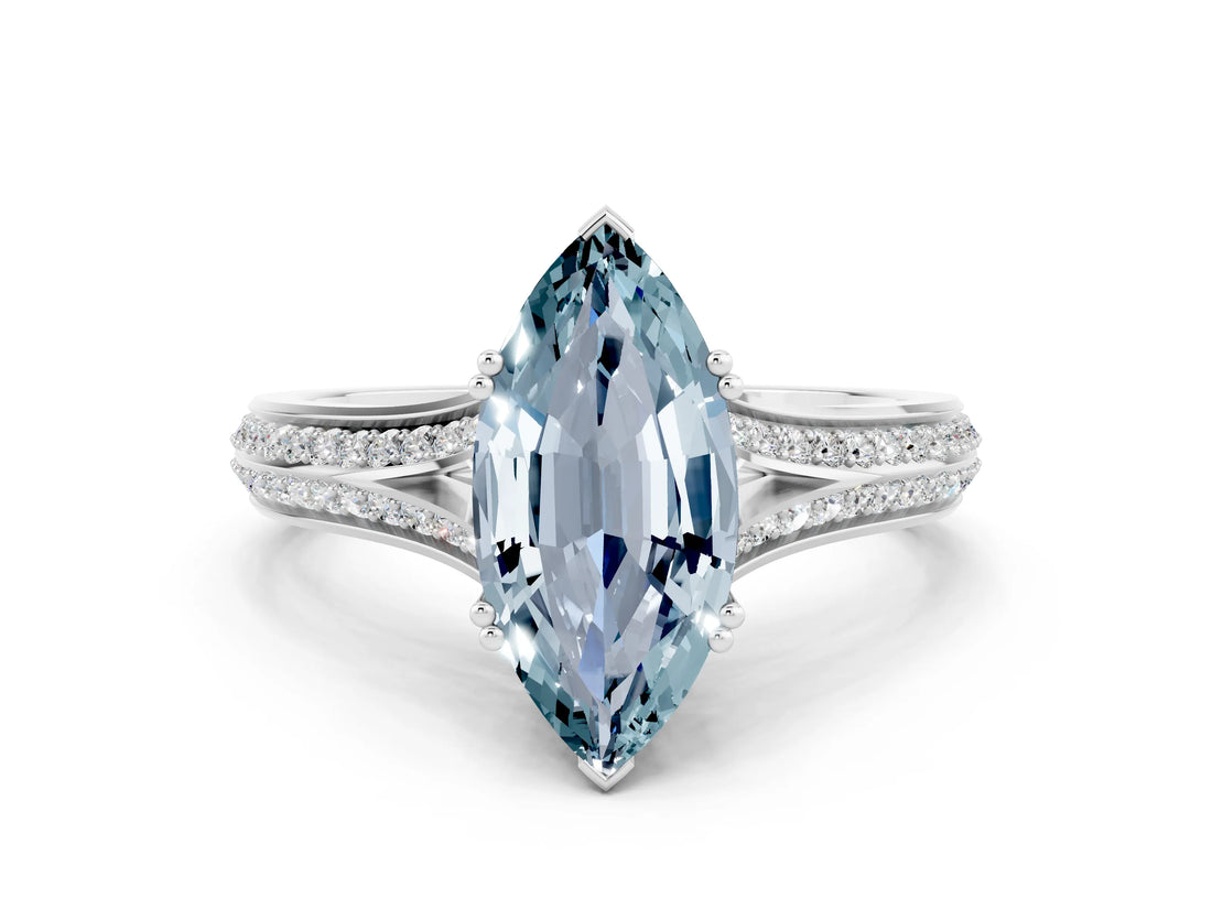 White gold Marquise Cut Aquamarine Split Shank Engagement Ring with Pavé Band