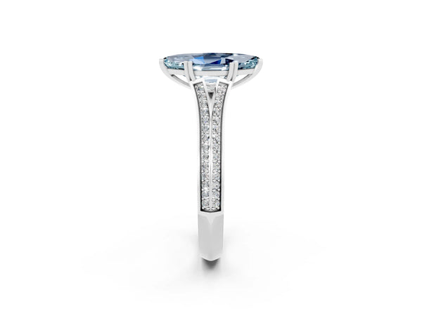 White gold Marquise Cut Aquamarine Split Shank Engagement Ring with Pavé Band