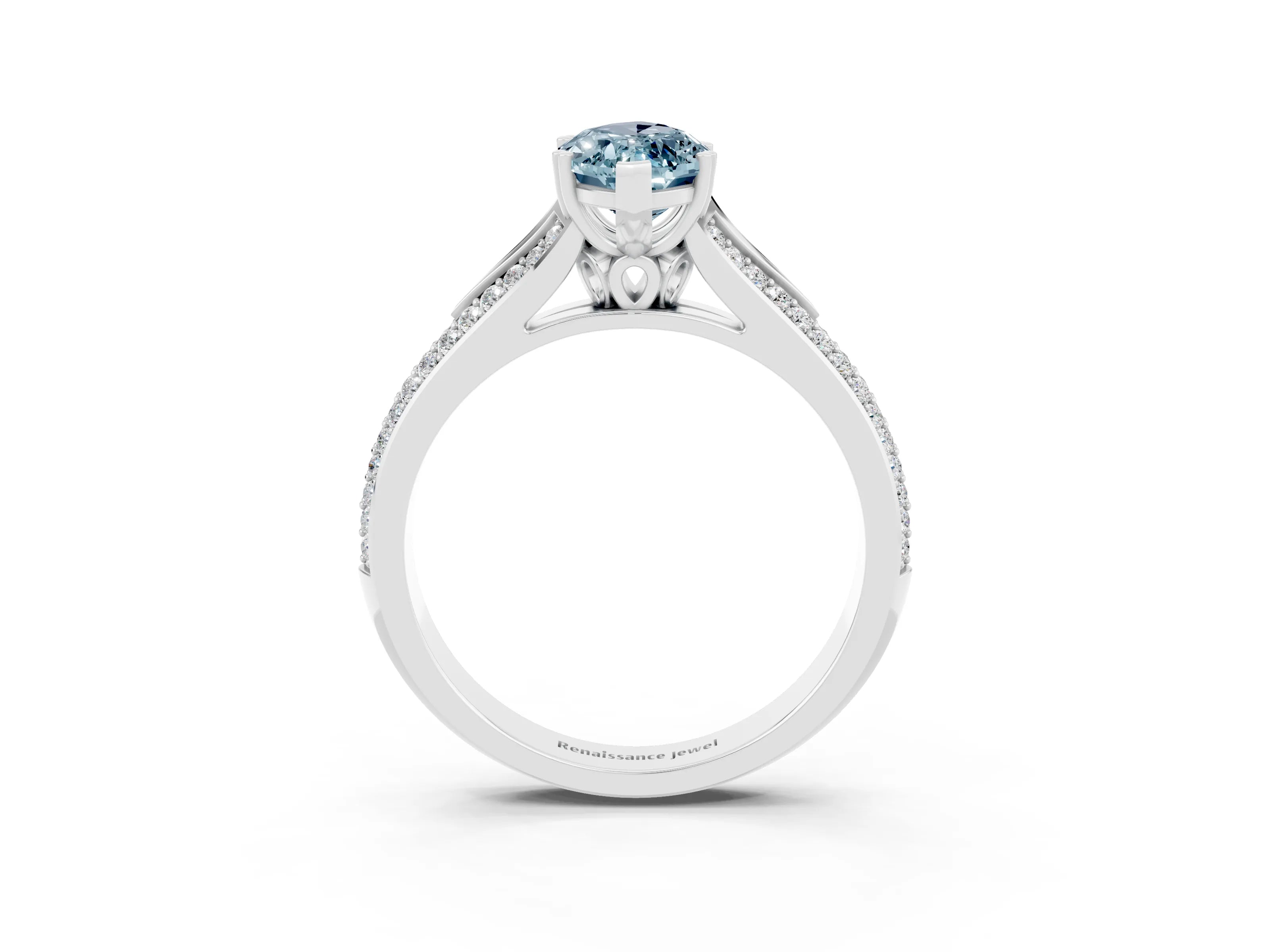 White gold Marquise Cut Aquamarine Split Shank Engagement Ring with Pavé Band_3