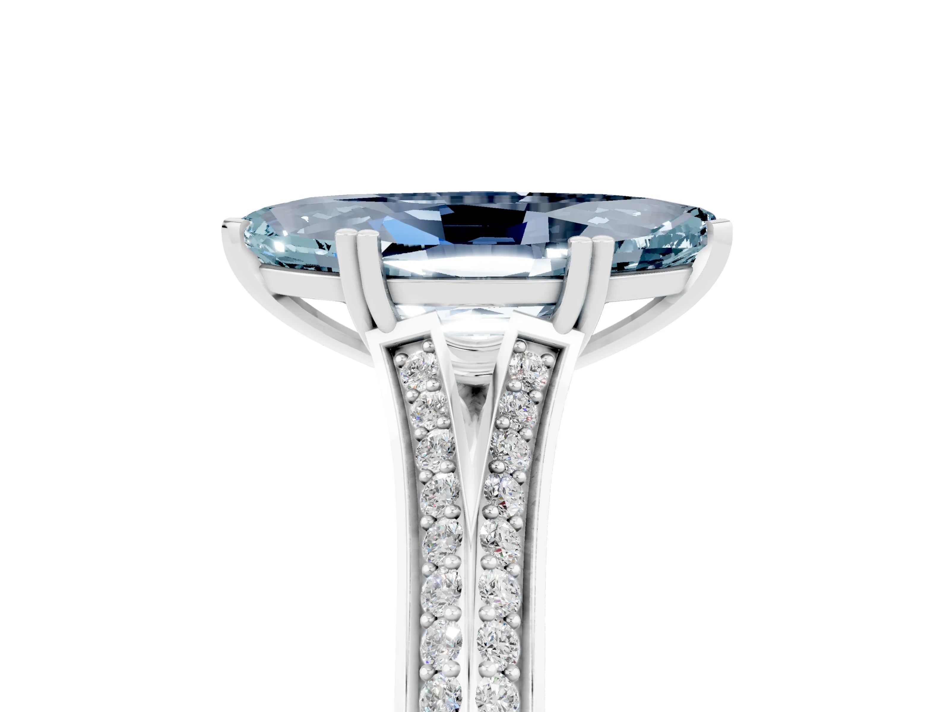 White gold Marquise Cut Aquamarine Split Shank Engagement Ring with Pavé Band_5