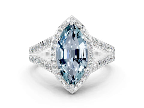 White gold Marquise Cut Aquamarine Split Shank Halo Ring with Four-Prong Setting_12