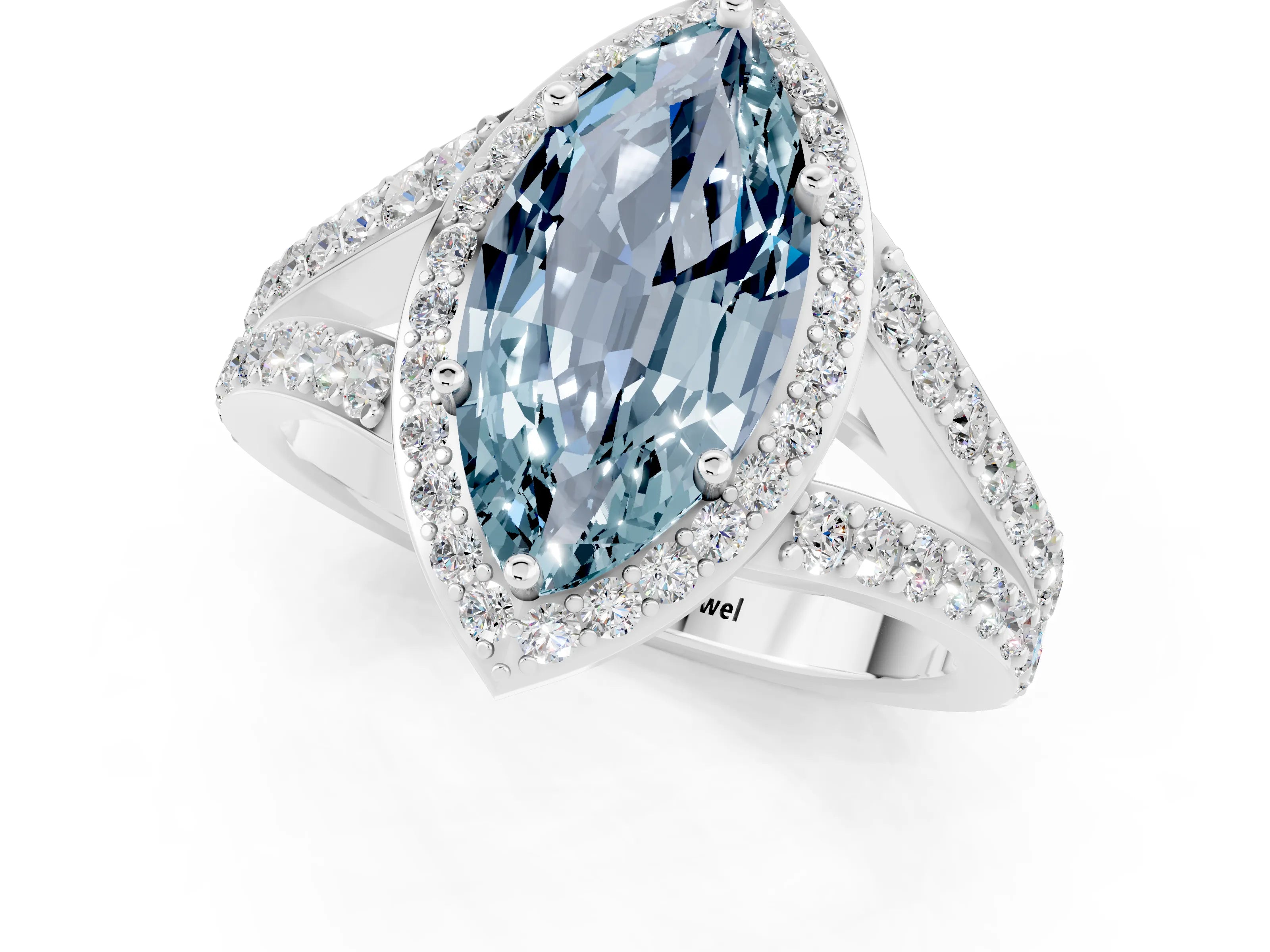 White gold Marquise Cut Aquamarine Split Shank Halo Ring with Four-Prong Setting_13