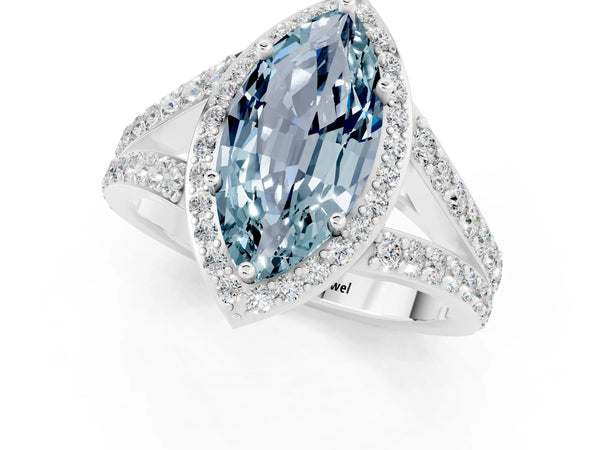 Silver Marquise Cut Aquamarine Split Shank Halo Ring with Four-Prong Setting