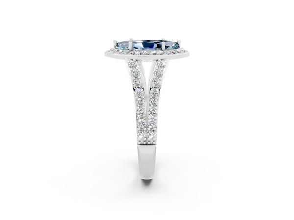Platinum Marquise Cut Aquamarine Split Shank Halo Ring with Four-Prong Setting