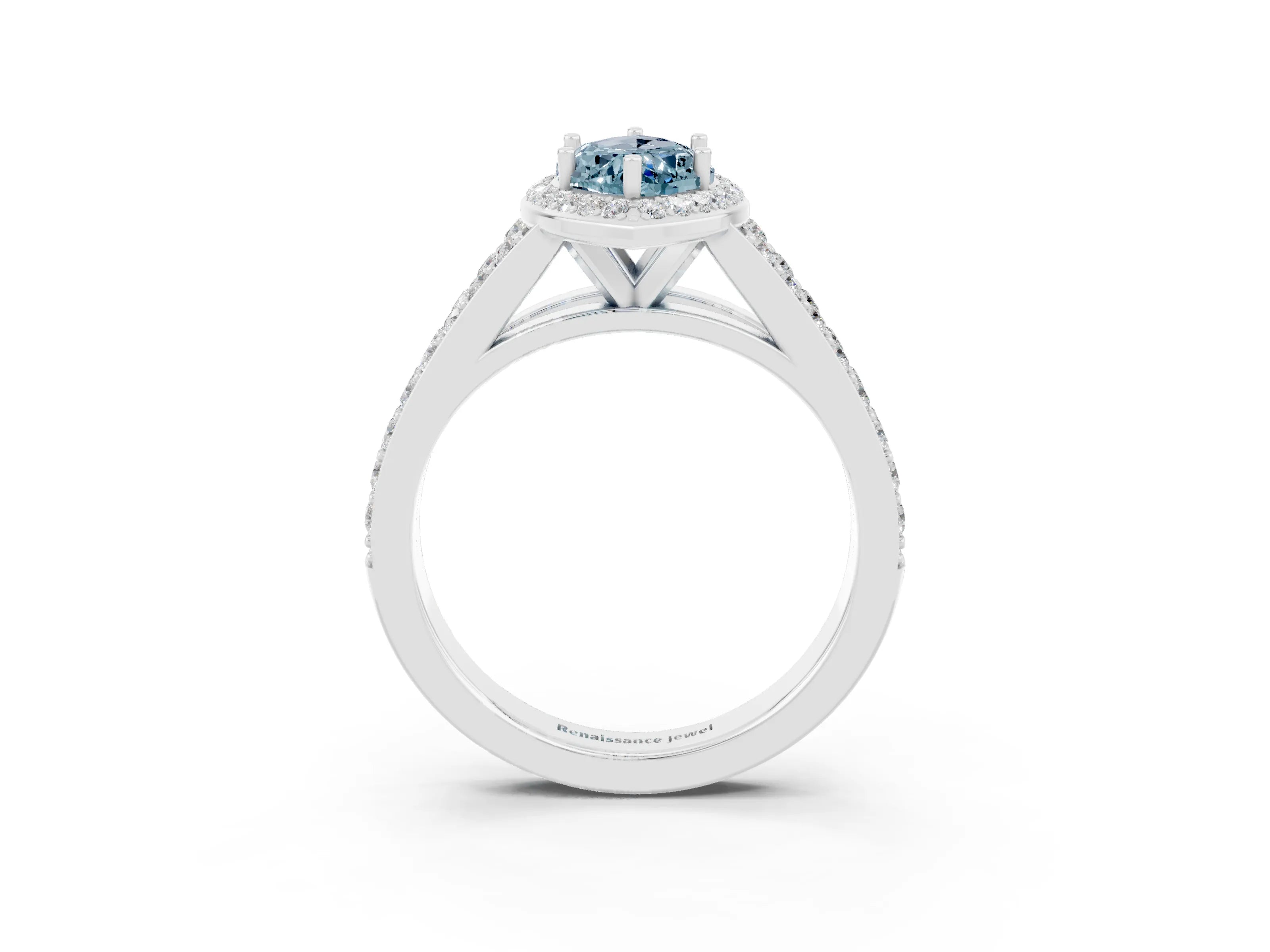 White gold Marquise Cut Aquamarine Split Shank Halo Ring with Four-Prong Setting_15
