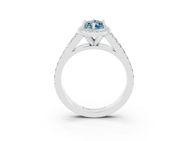 Platinum Marquise Cut Aquamarine Split Shank Halo Ring with Four-Prong Setting