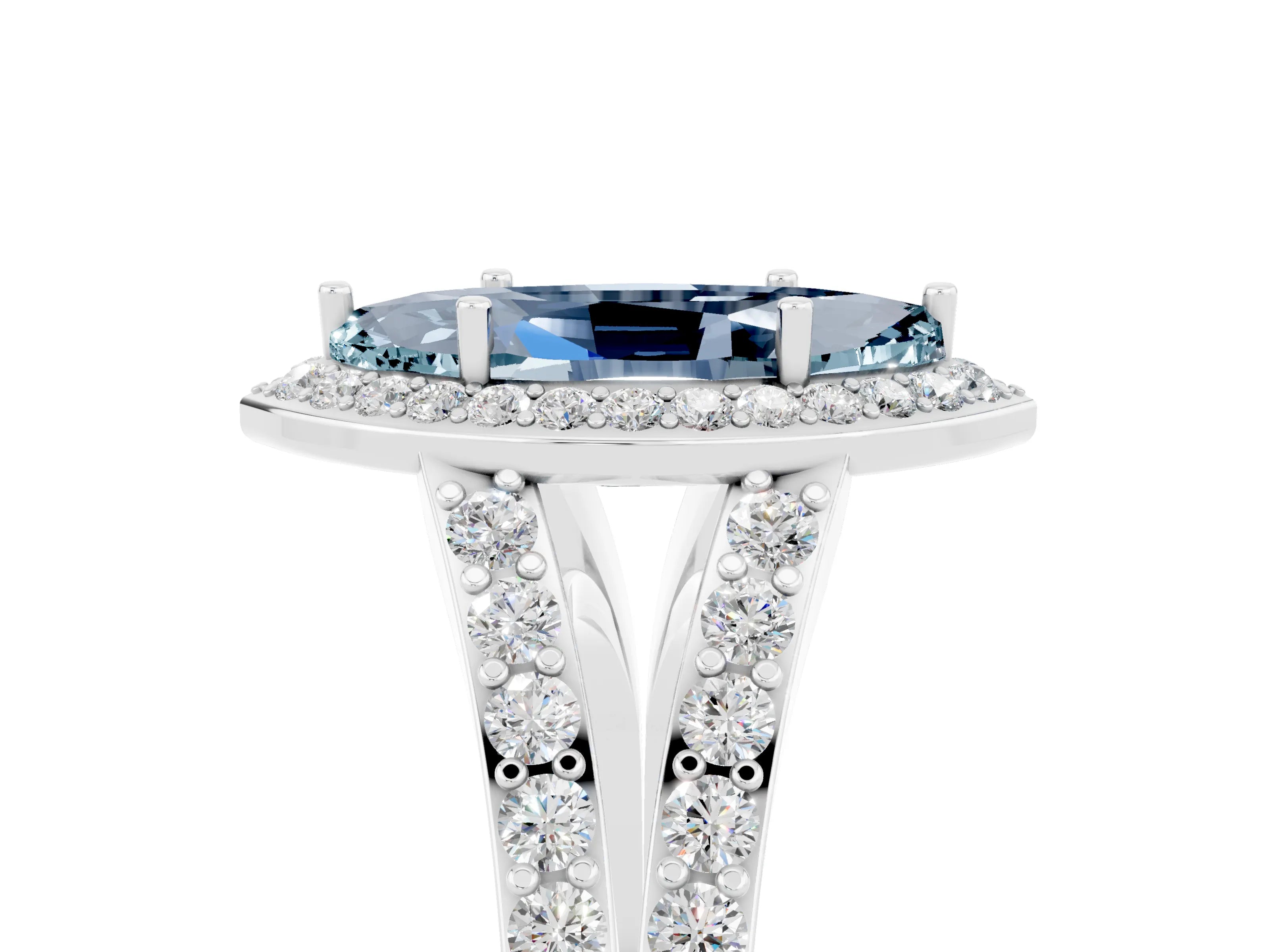 White gold Marquise Cut Aquamarine Split Shank Halo Ring with Four-Prong Setting_17