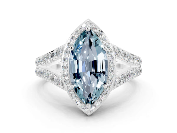 White gold Marquise Cut Aquamarine Split Shank Halo Ring with Four-Prong Setting