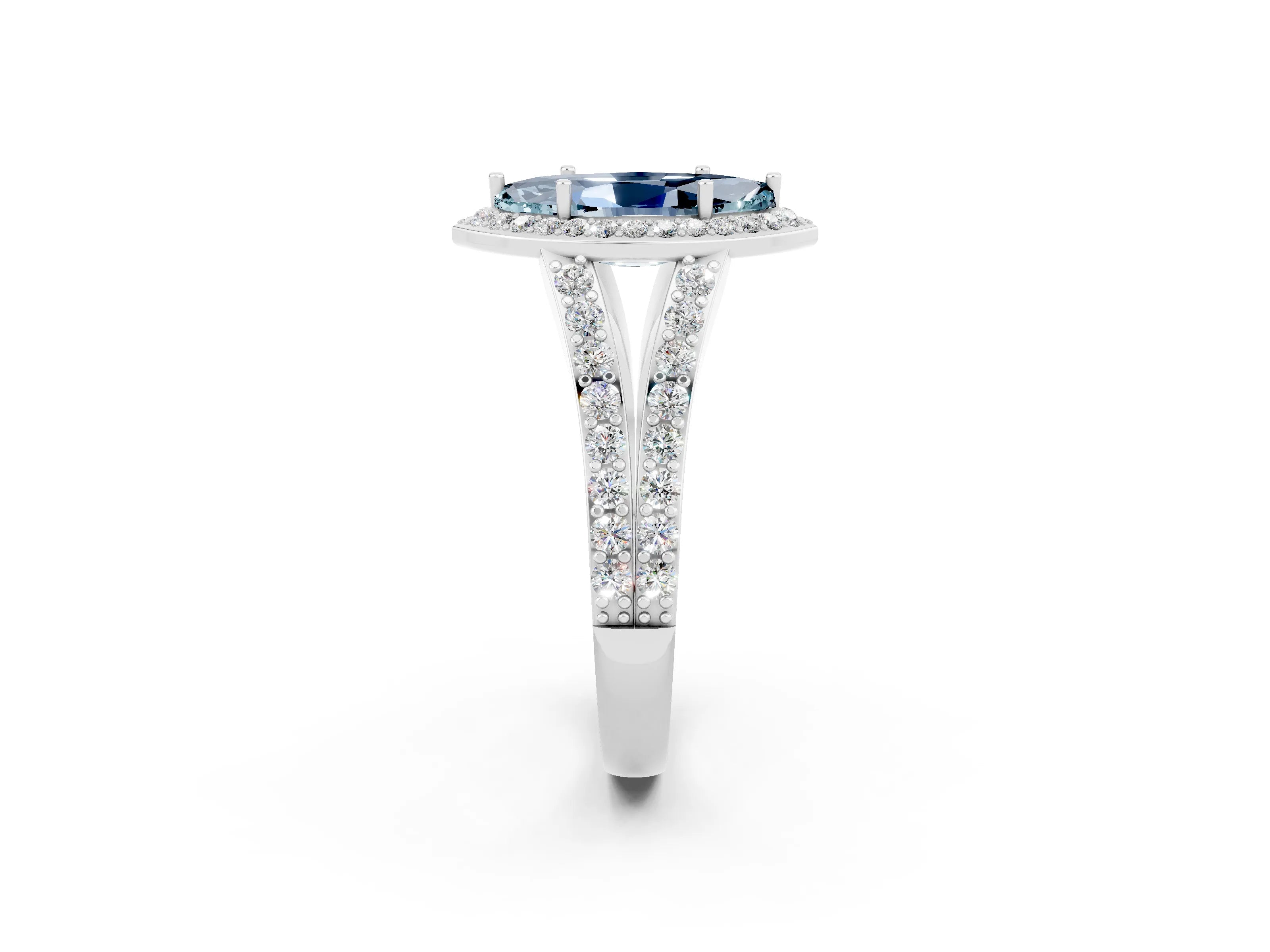 White gold Marquise Cut Aquamarine Split Shank Halo Ring with Four-Prong Setting_26