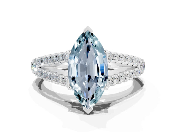 White gold Marquise Cut Aquamarine Split Shank Pavé Engagement Ring with Four-Prong Setting