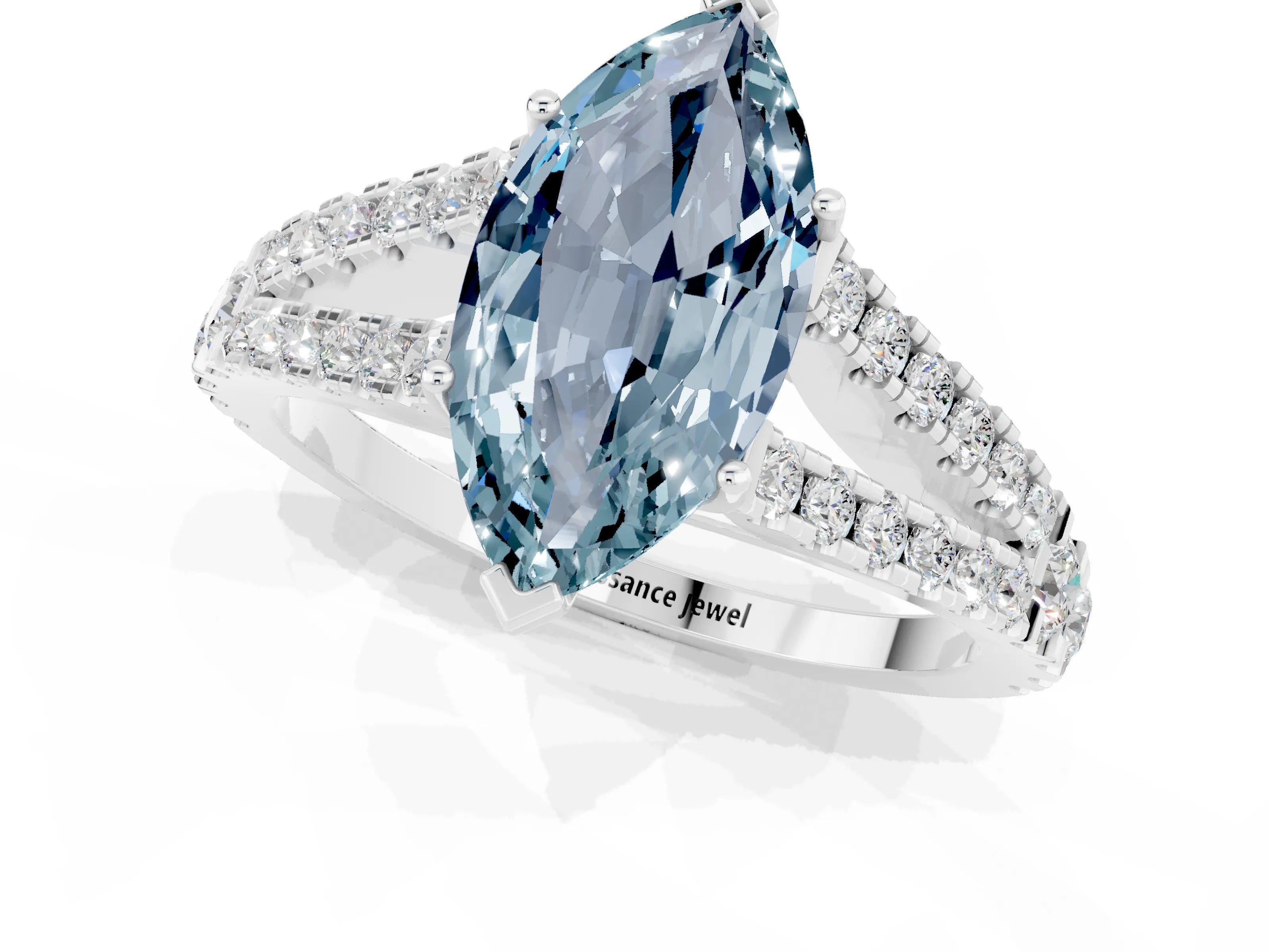 White gold Marquise Cut Aquamarine Split Shank Pavé Engagement Ring with Four-Prong Setting_13